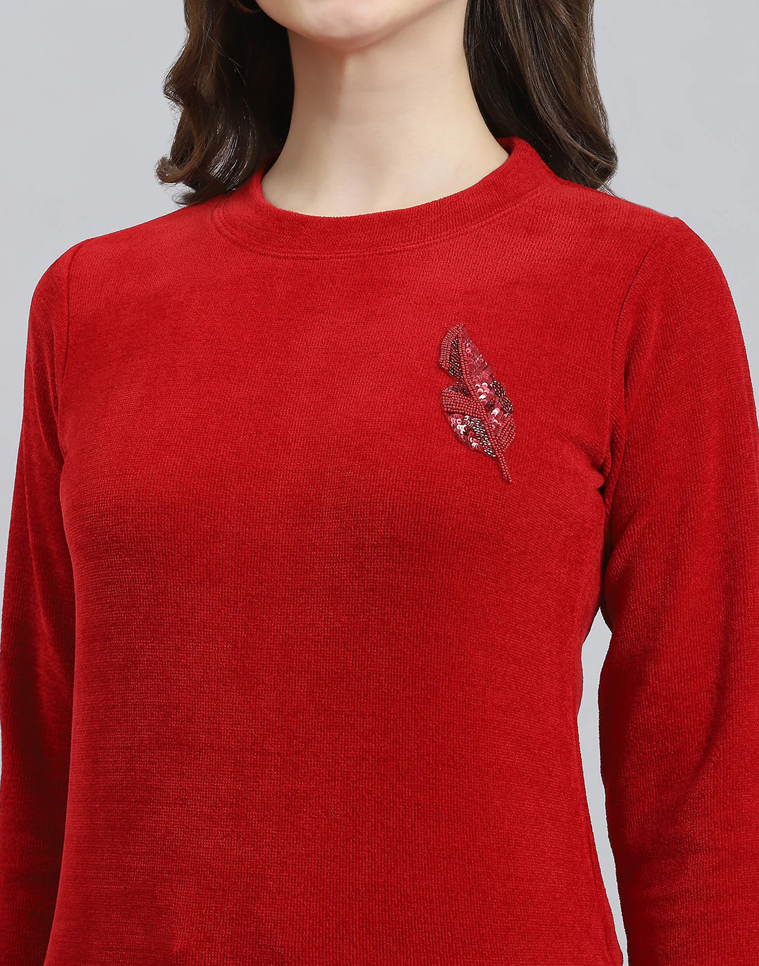 Women Red Embroidered Round Neck Full Sleeve Sweater - Image 7