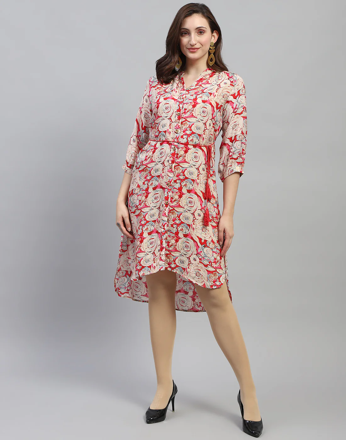 Women Red Floral Print V Neck 3/4 Sleeve Dress - Image 3