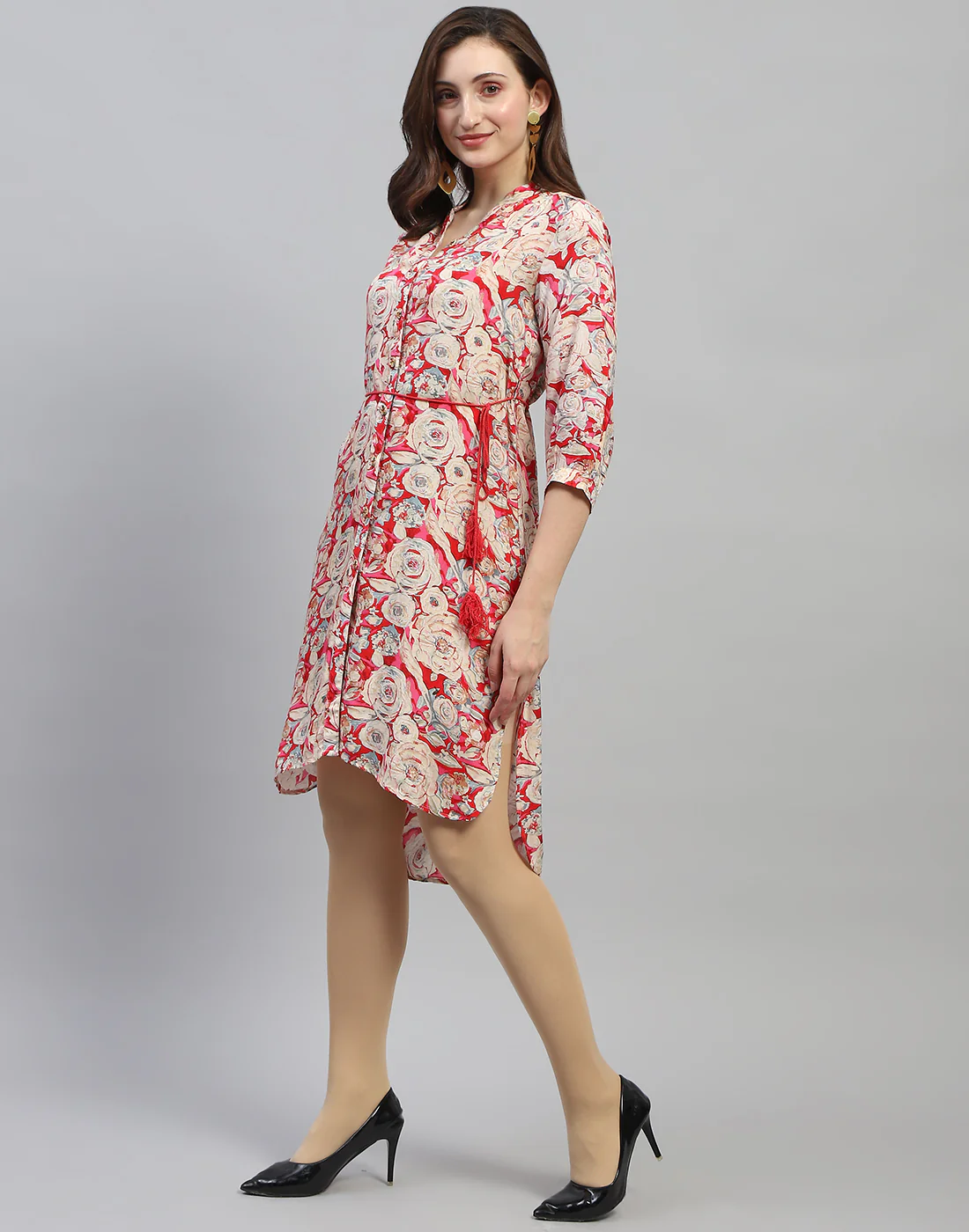 Women Red Floral Print V Neck 3/4 Sleeve Dress - Image 4