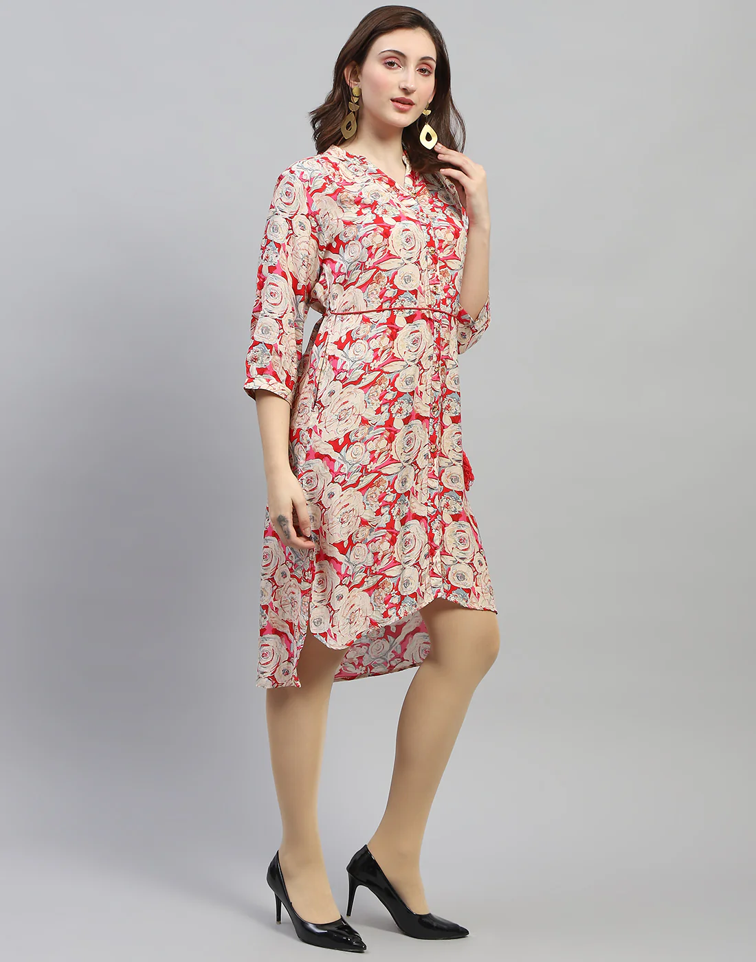 Women Red Floral Print V Neck 3/4 Sleeve Dress - Image 5