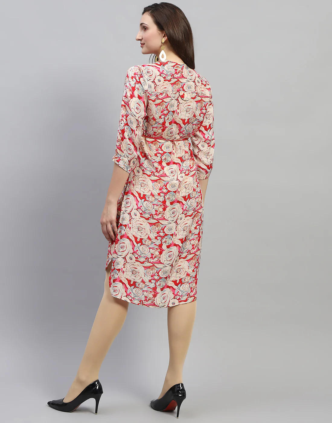 Women Red Floral Print V Neck 3/4 Sleeve Dress - Image 6