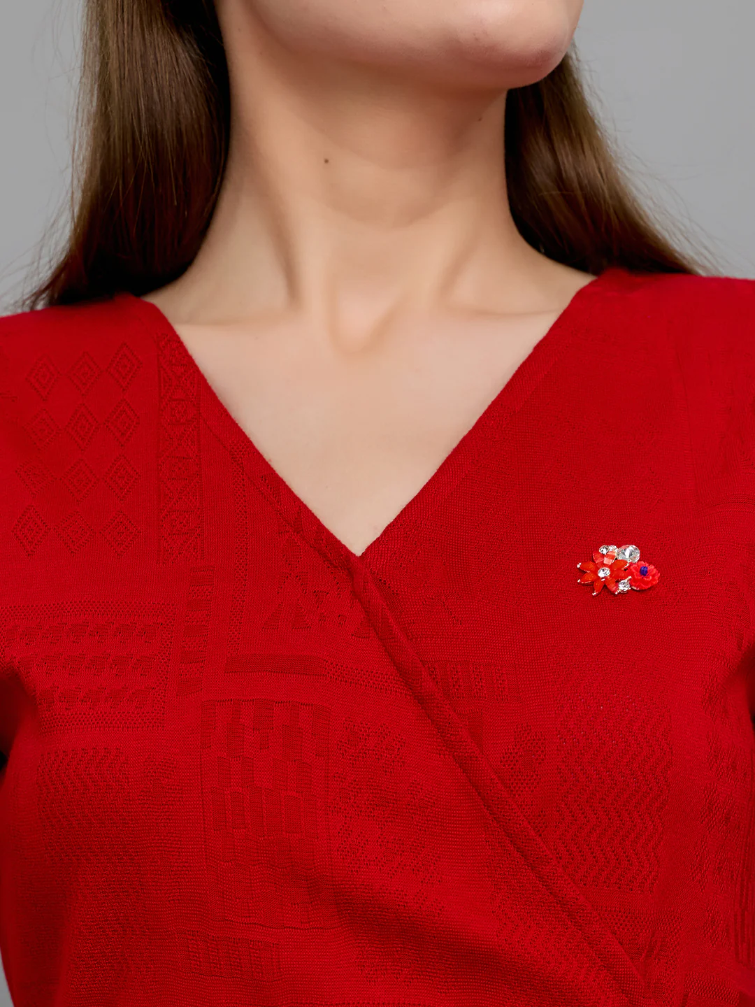 Women Red Jacquard V Neck Half Sleeve Dress - Image 6