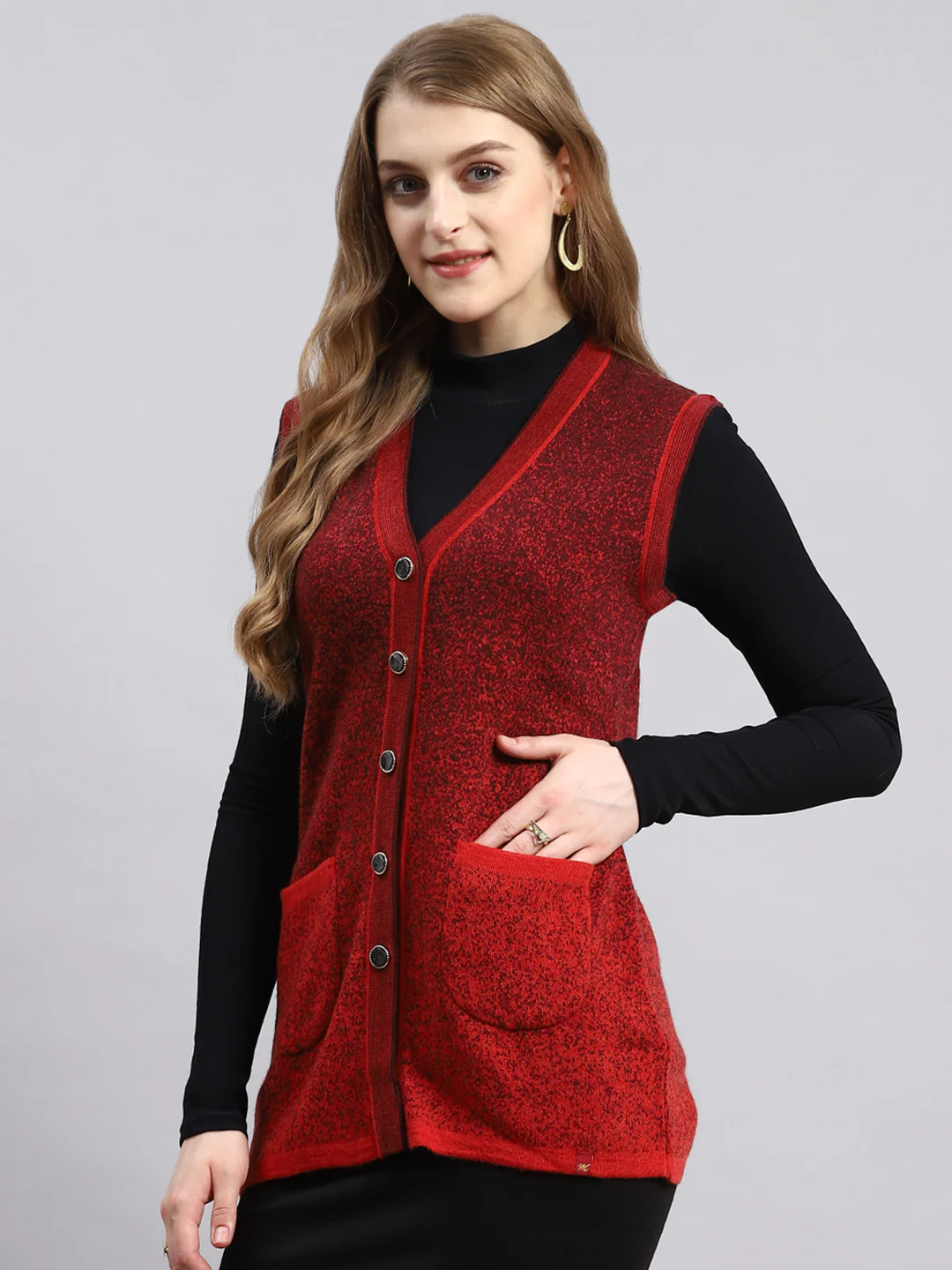 Women Red Jaquard Cardigan - Image 4