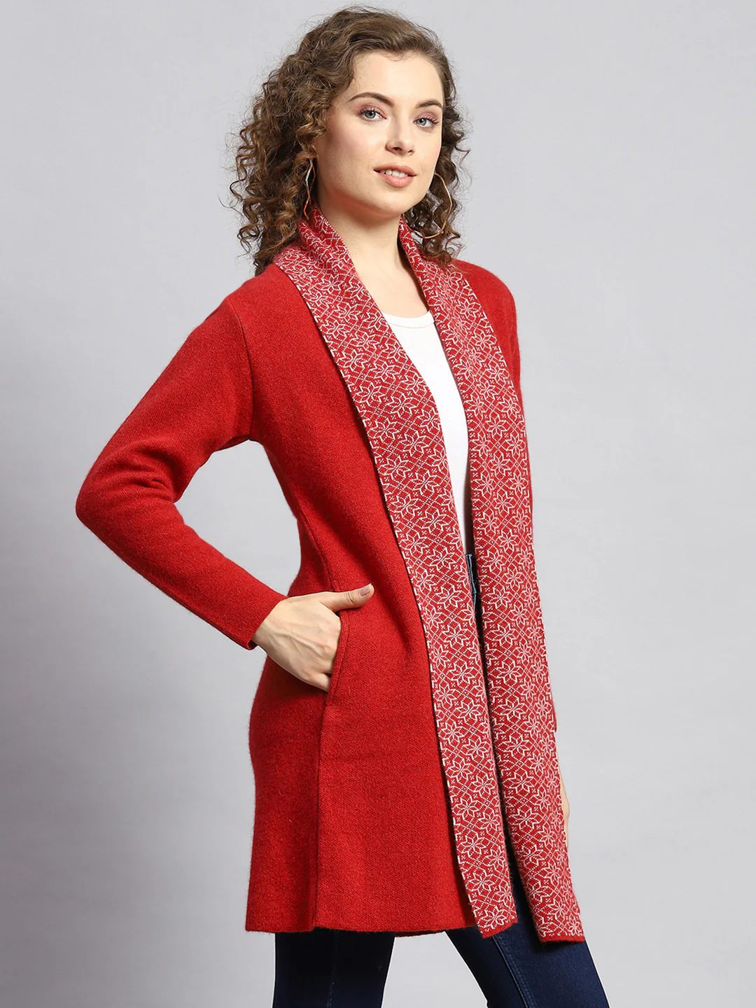 Women Red Jaquard Cardigan - Image 2
