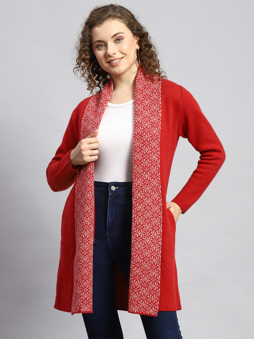 Women Red Jaquard Cardigan - Image 3