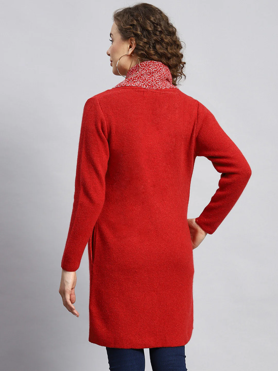 Women Red Jaquard Cardigan - Image 5