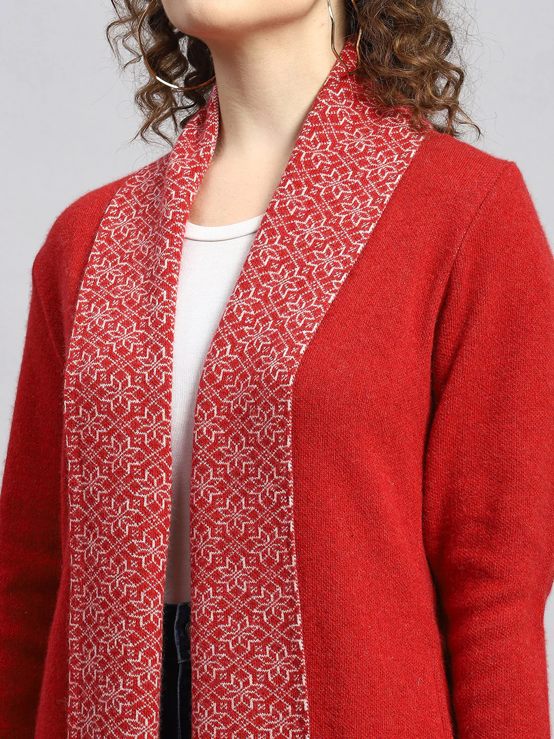 Women Red Jaquard Cardigan - Image 6