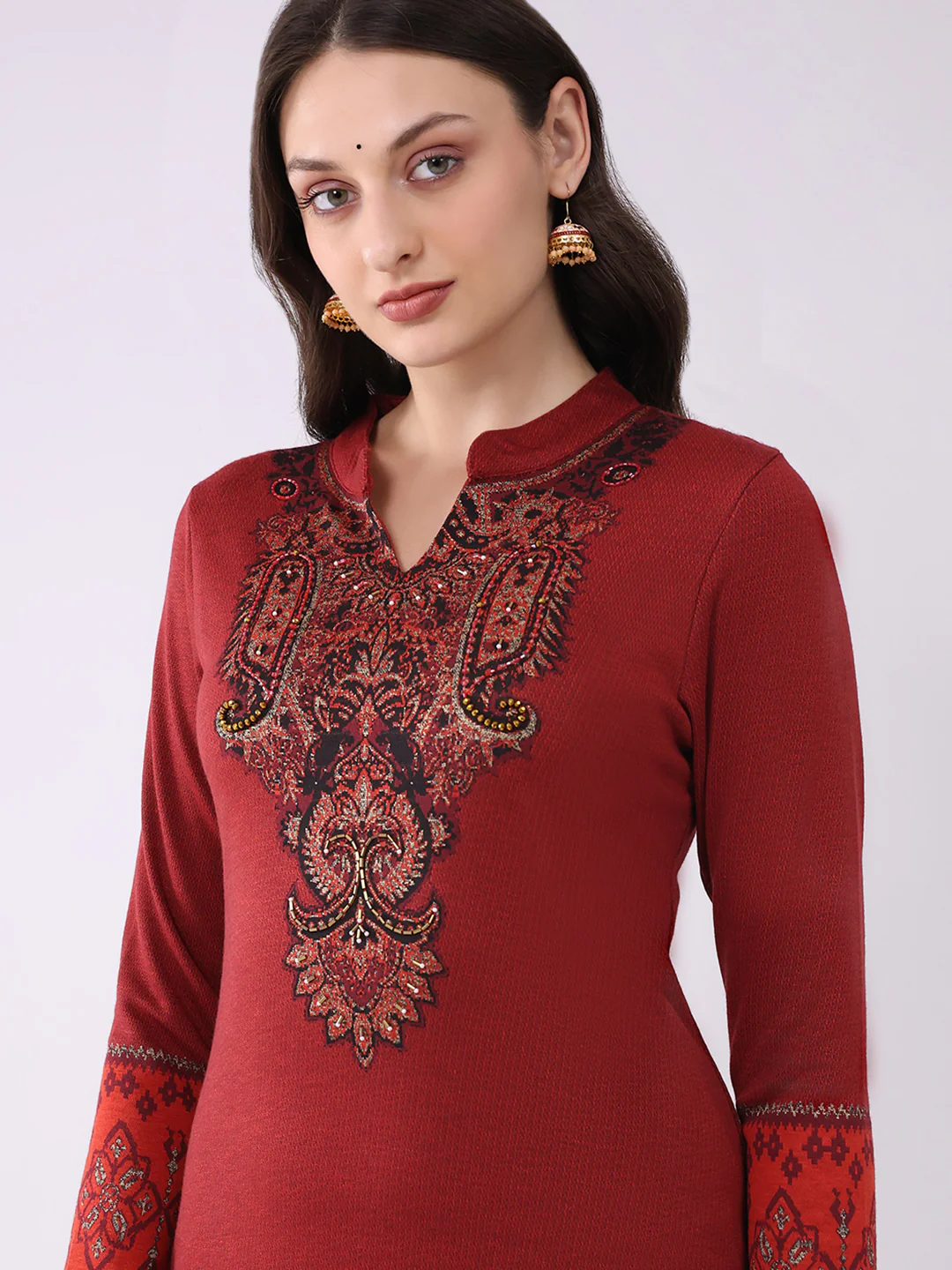 Women Red Printed Round Neck Full Sleeve Kurti Set for Winter - Image 5