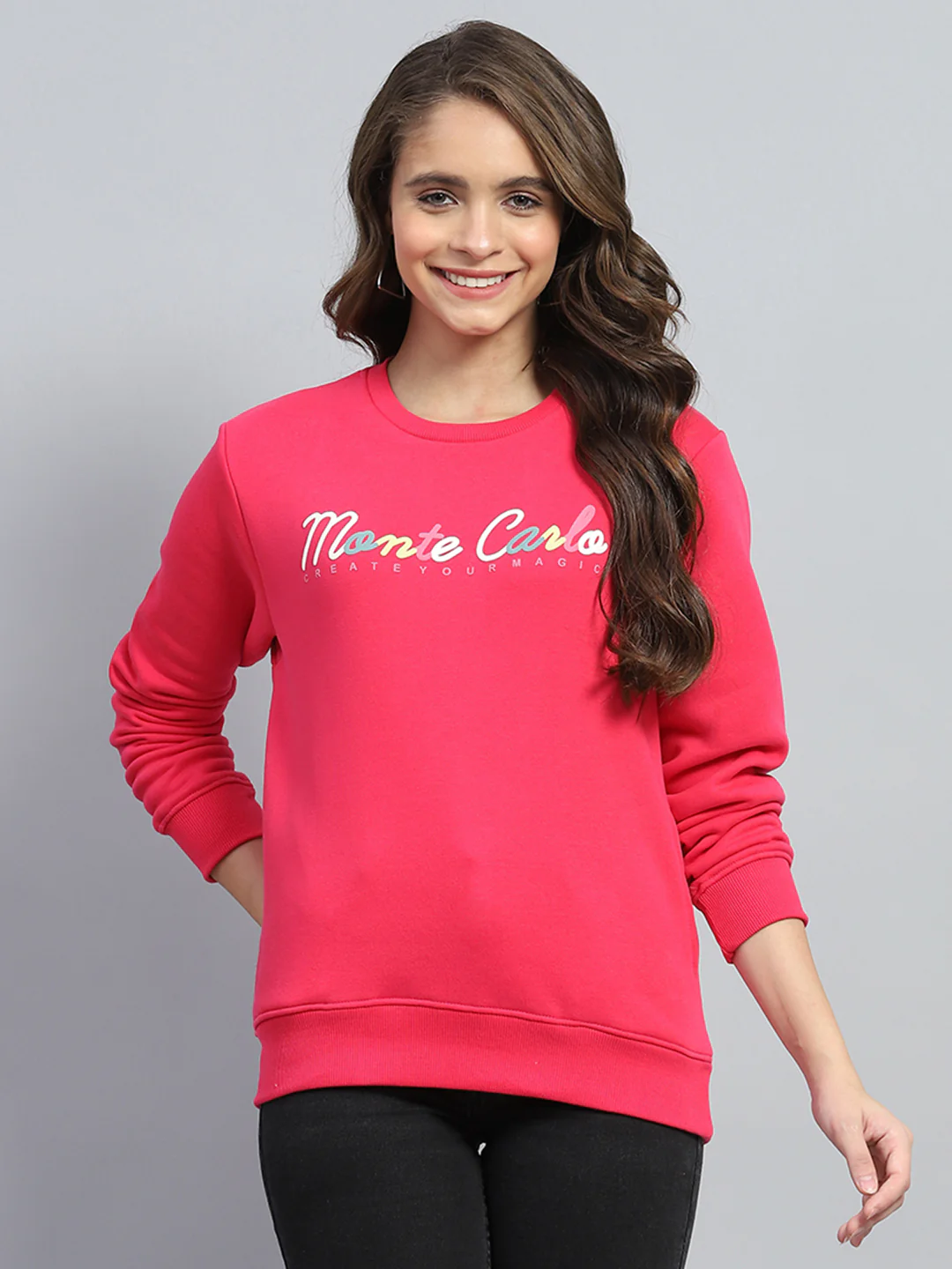 Women Red Printed Round Neck Full Sleeve Sweatshirt - Image 2