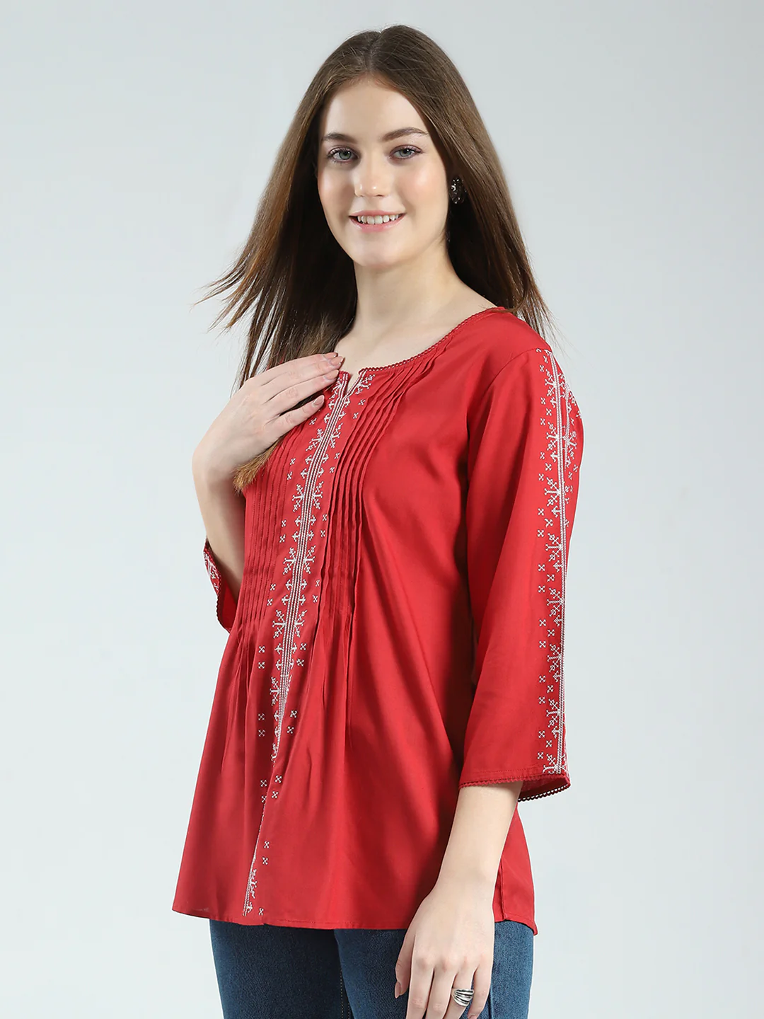 Women Red Printed Round Neck 3/4th Sleeve Top - Image 3