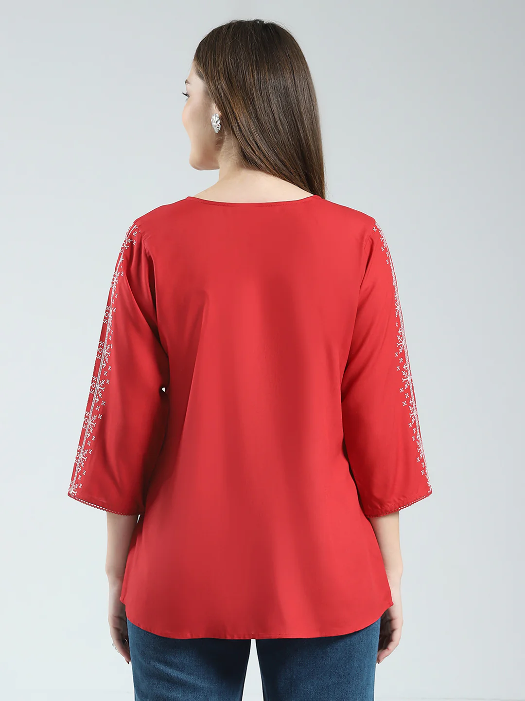 Women Red Printed Round Neck 3/4th Sleeve Top - Image 5