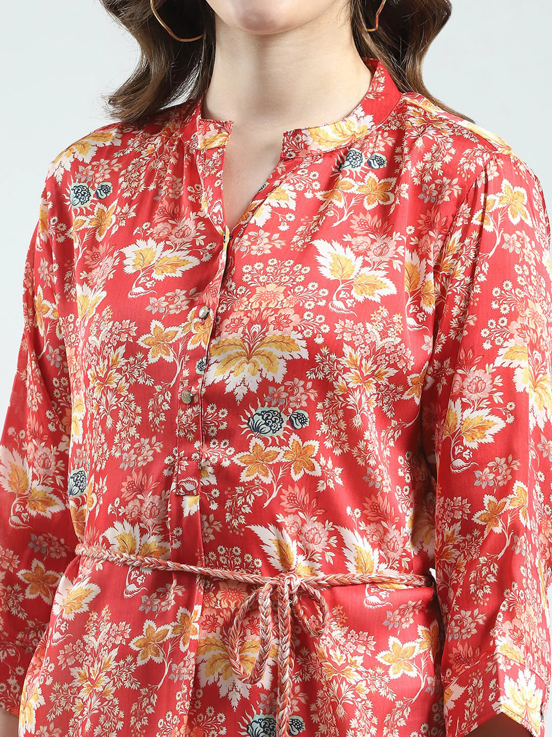 Women Red Printed Round Neck 3/4th Sleeve Tunic - Image 7