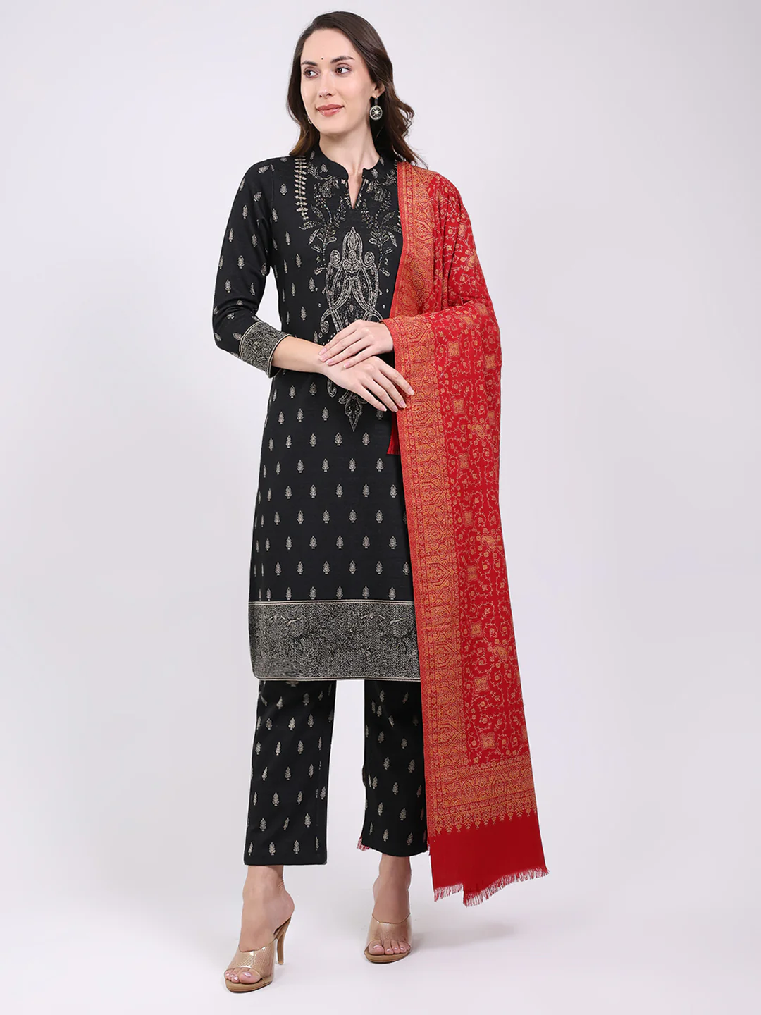 Women Red Printed Wool Blend Shawl