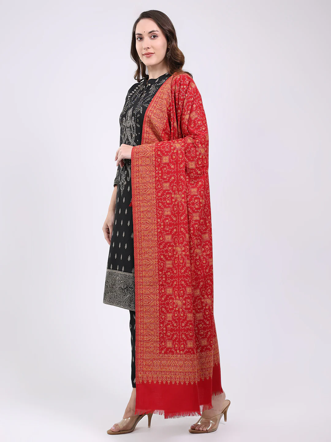 Women Red Printed Wool Blend Shawl - Image 3