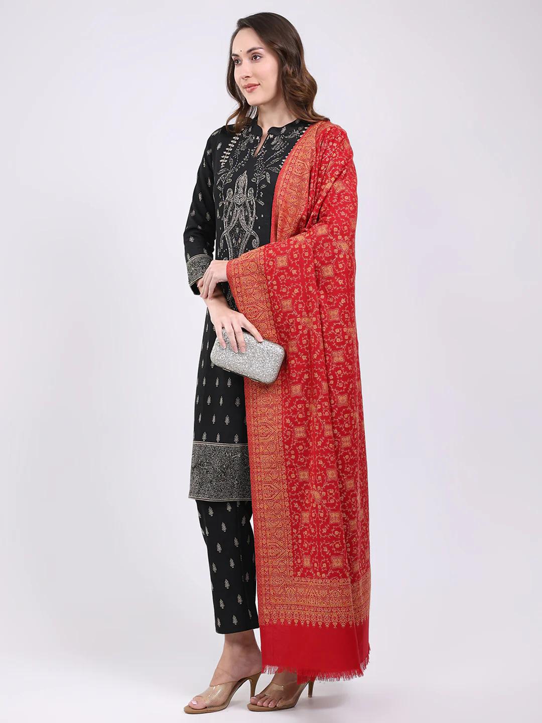 Women Red Printed Wool Blend Shawl - Image 5