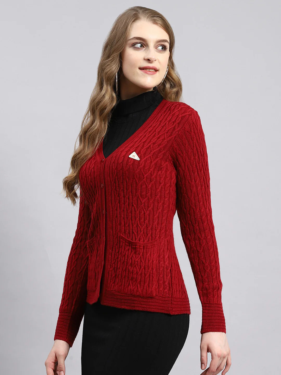 Women Red Self Cardigan - Image 3