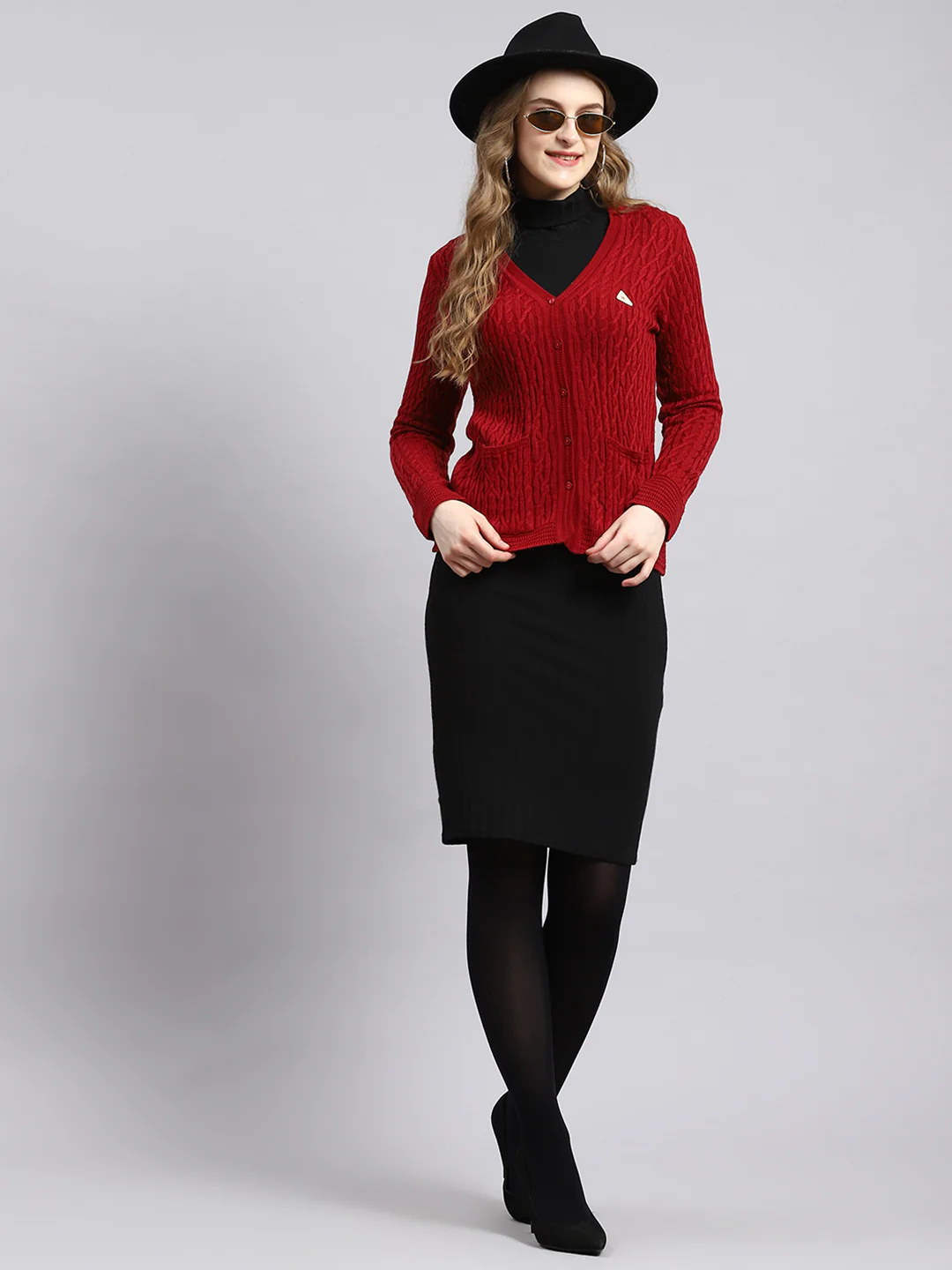 Women Red Self Cardigan - Image 5