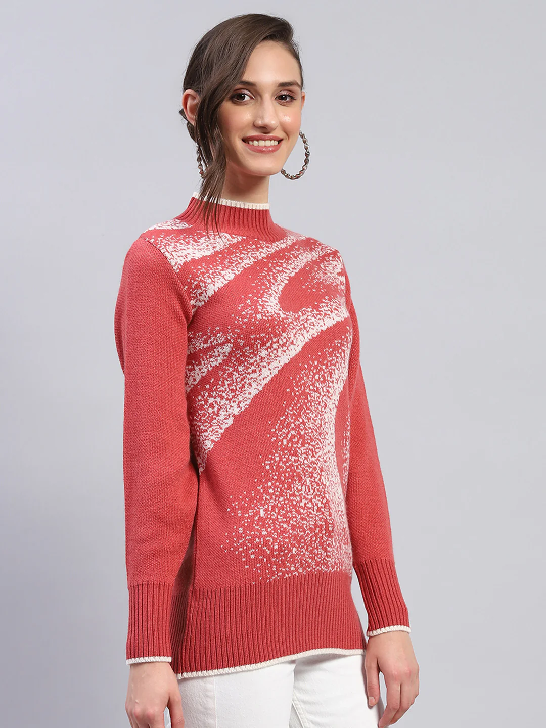 Women Red Self Design Band Collar Full Sleeve Winter Tops - Image 4