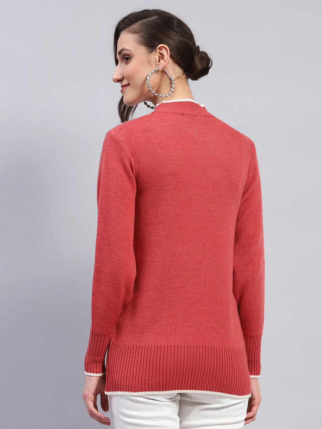 Women Red Self Design Band Collar Full Sleeve Winter Tops - Image 5