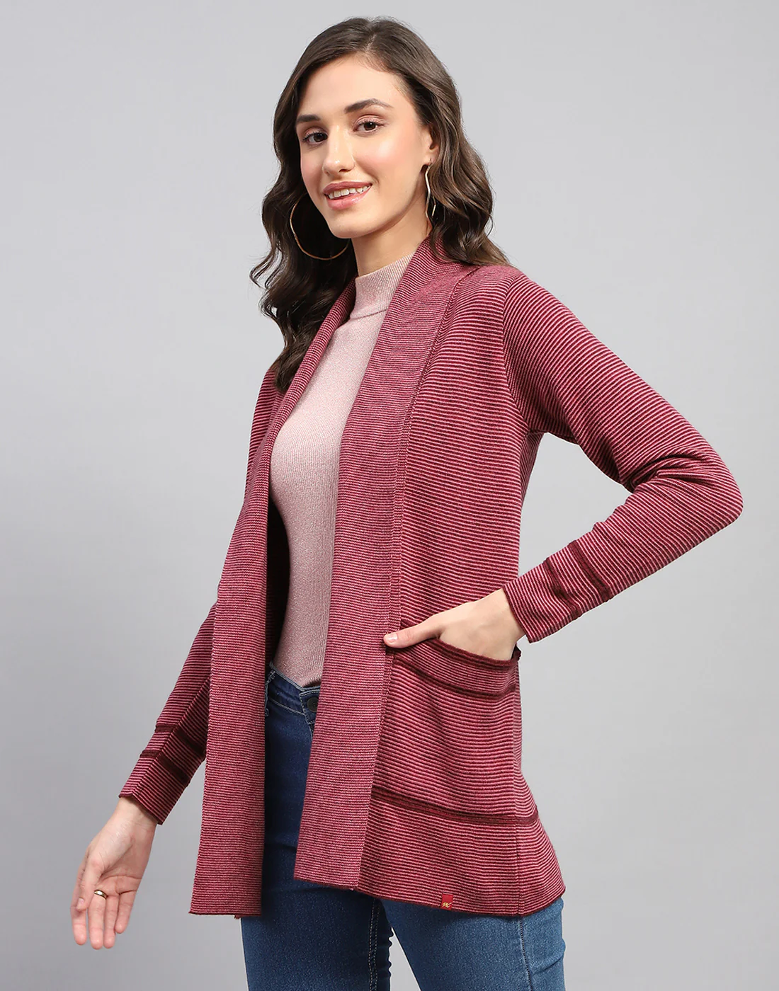 Women Red Self Design Front Open Full Sleeve Cardigan - Image 4