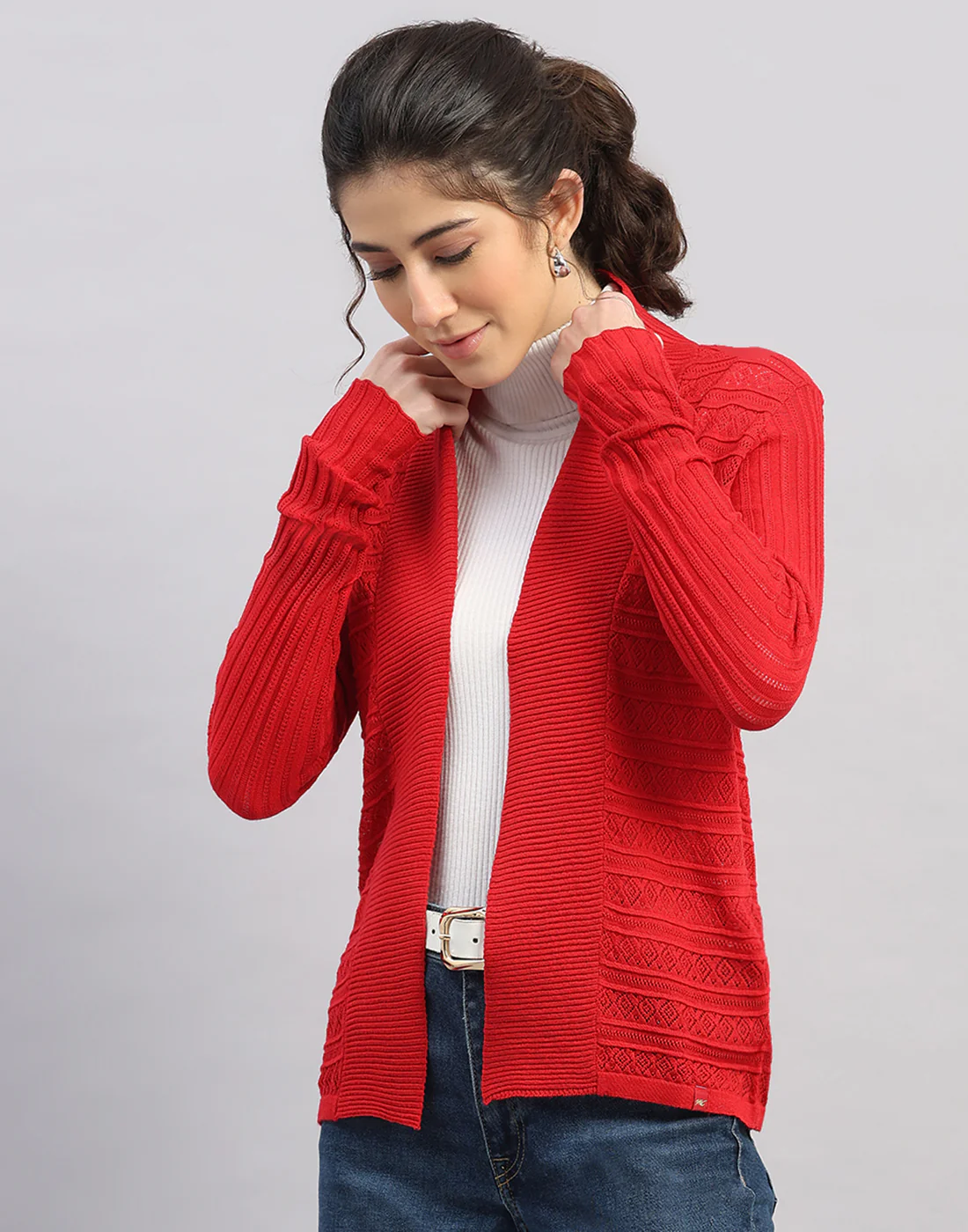 Women Red Self Design Front Open Full Sleeve Winter Top - Image 2