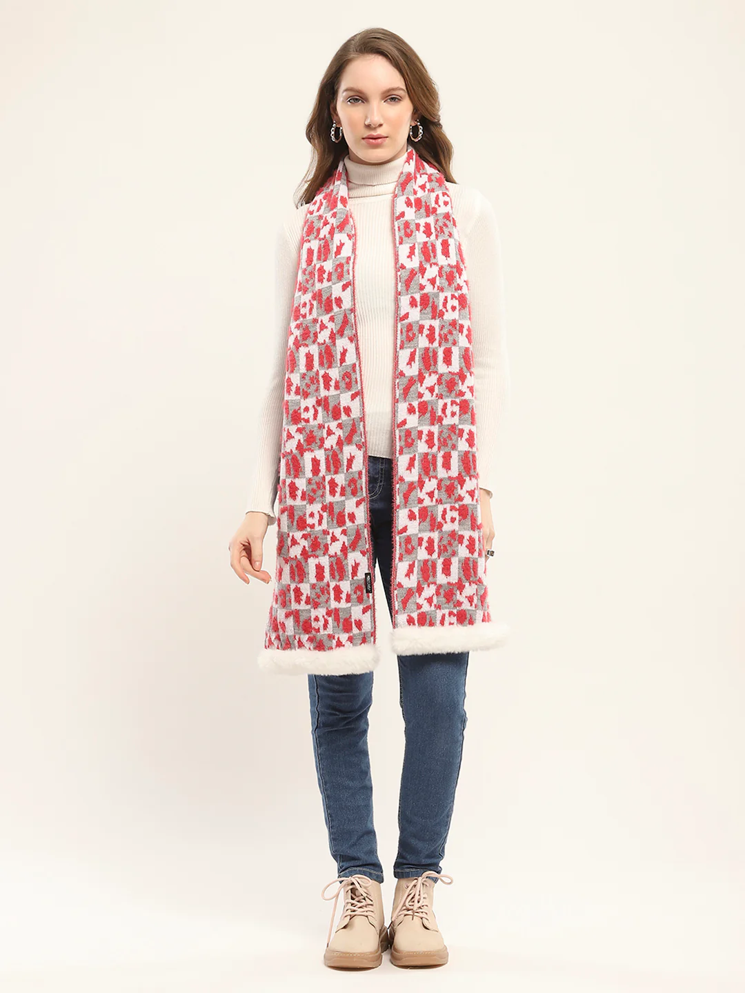 Women Red Self Design Muffler - Image 5