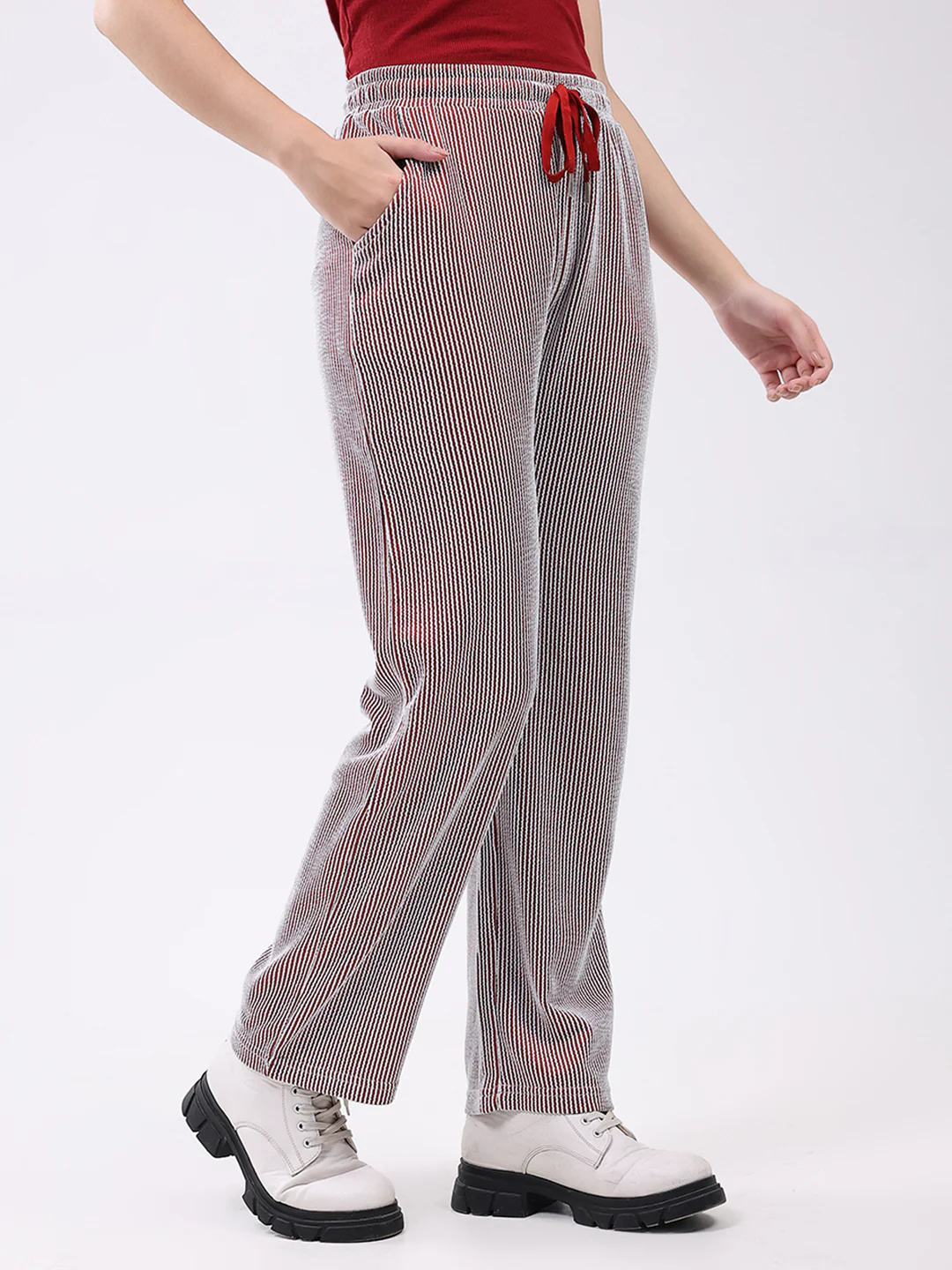 Women Red Self Design Regular Fit Winte Lower - Image 4