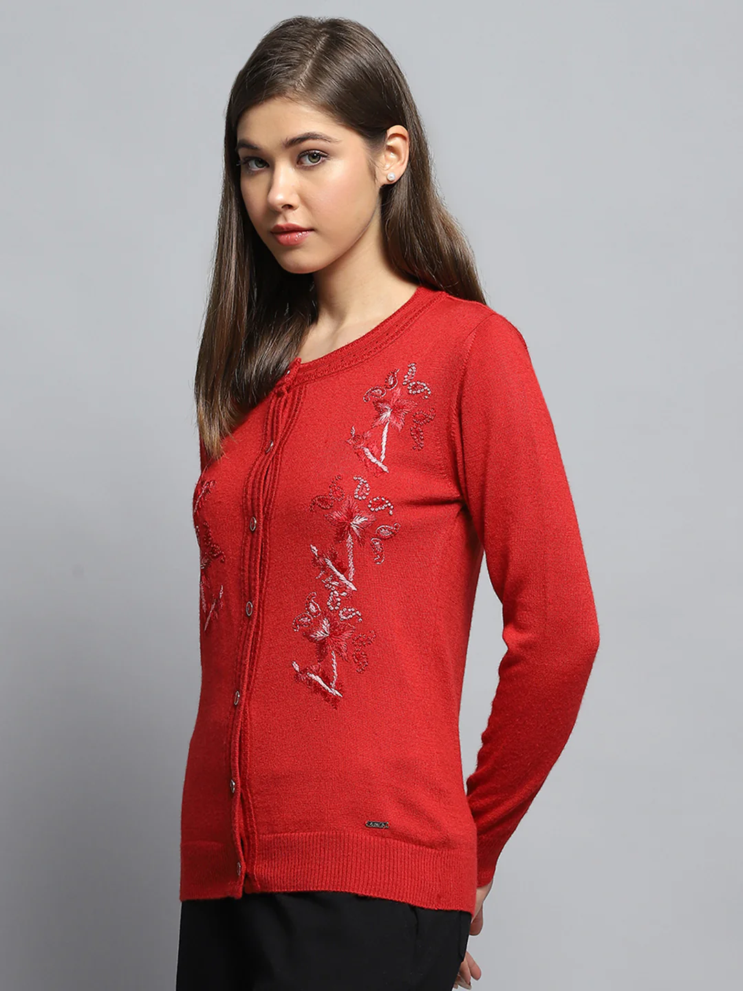 Women Red Self Design Round Neck Full Sleeve Cardigan - Image 3