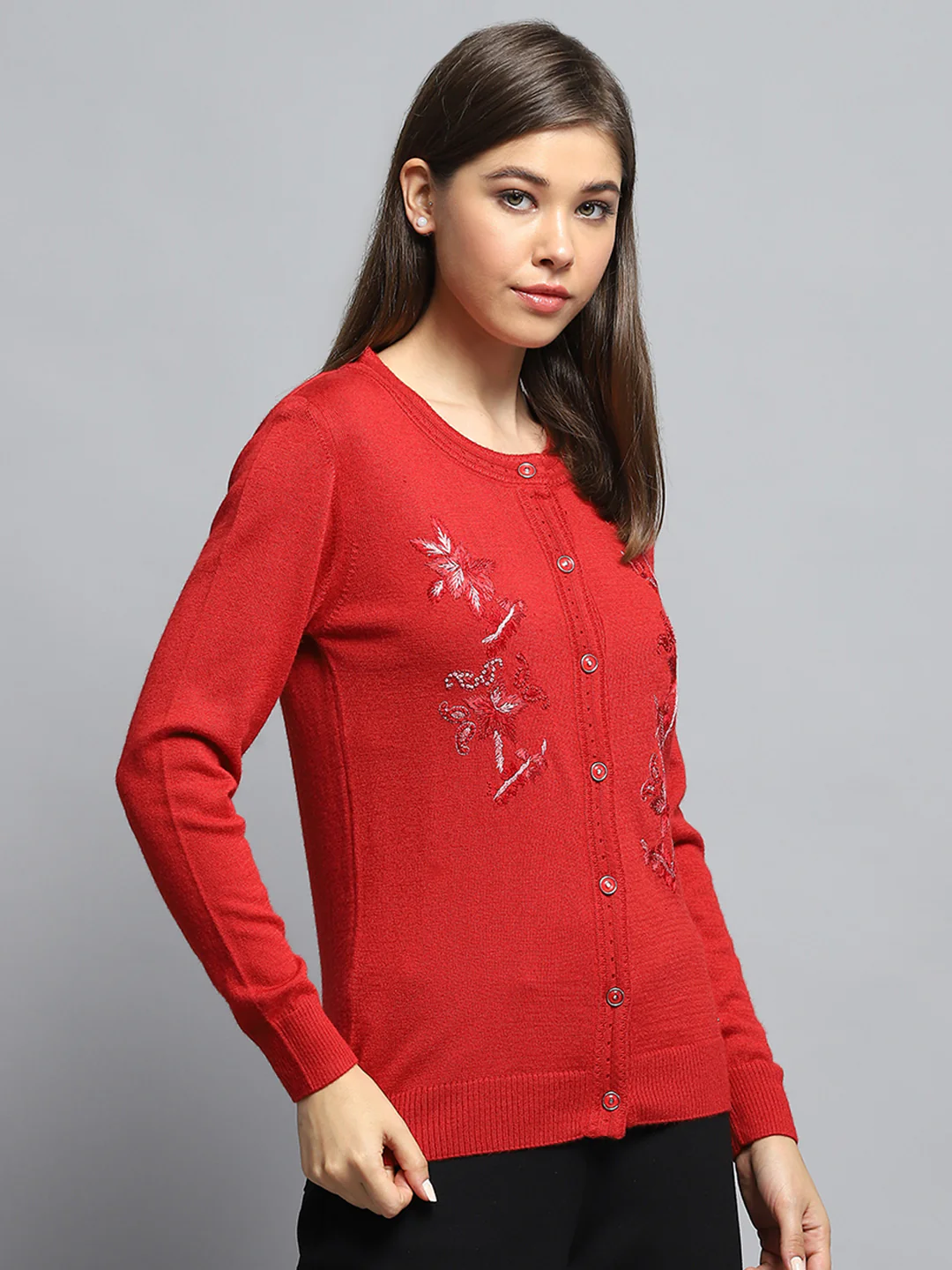 Women Red Self Design Round Neck Full Sleeve Cardigan - Image 4