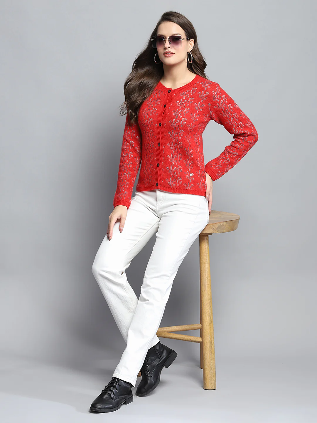 Women Red Self Design Round Neck Full Sleeve Cardigan - Image 2