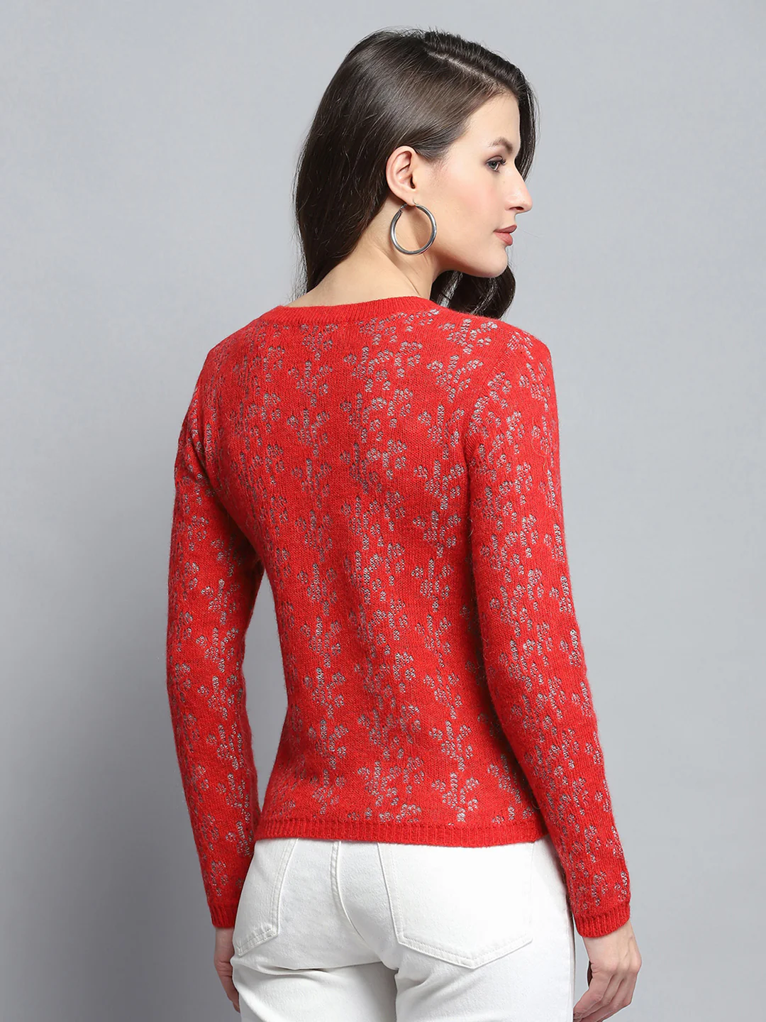 Women Red Self Design Round Neck Full Sleeve Cardigan - Image 5