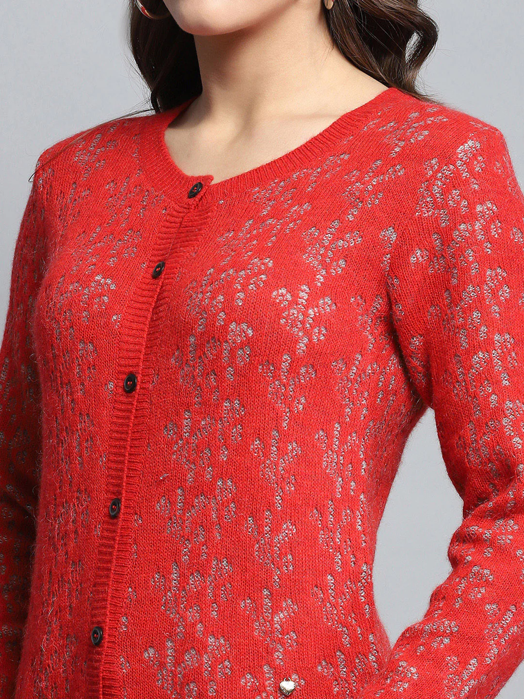 Women Red Self Design Round Neck Full Sleeve Cardigan - Image 7