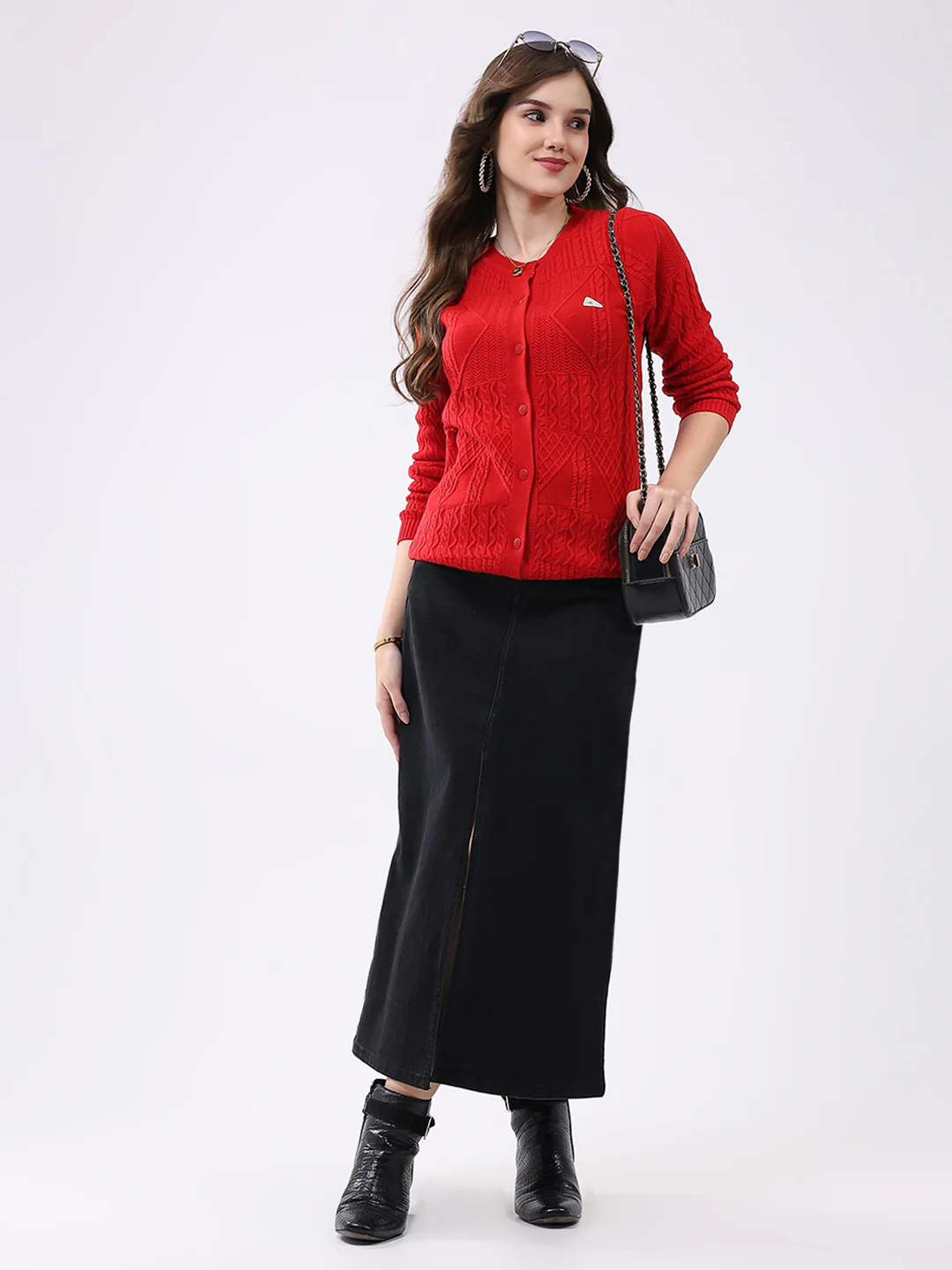 Women Red Self Design Round Neck Full Sleeve Cardigan - Image 2