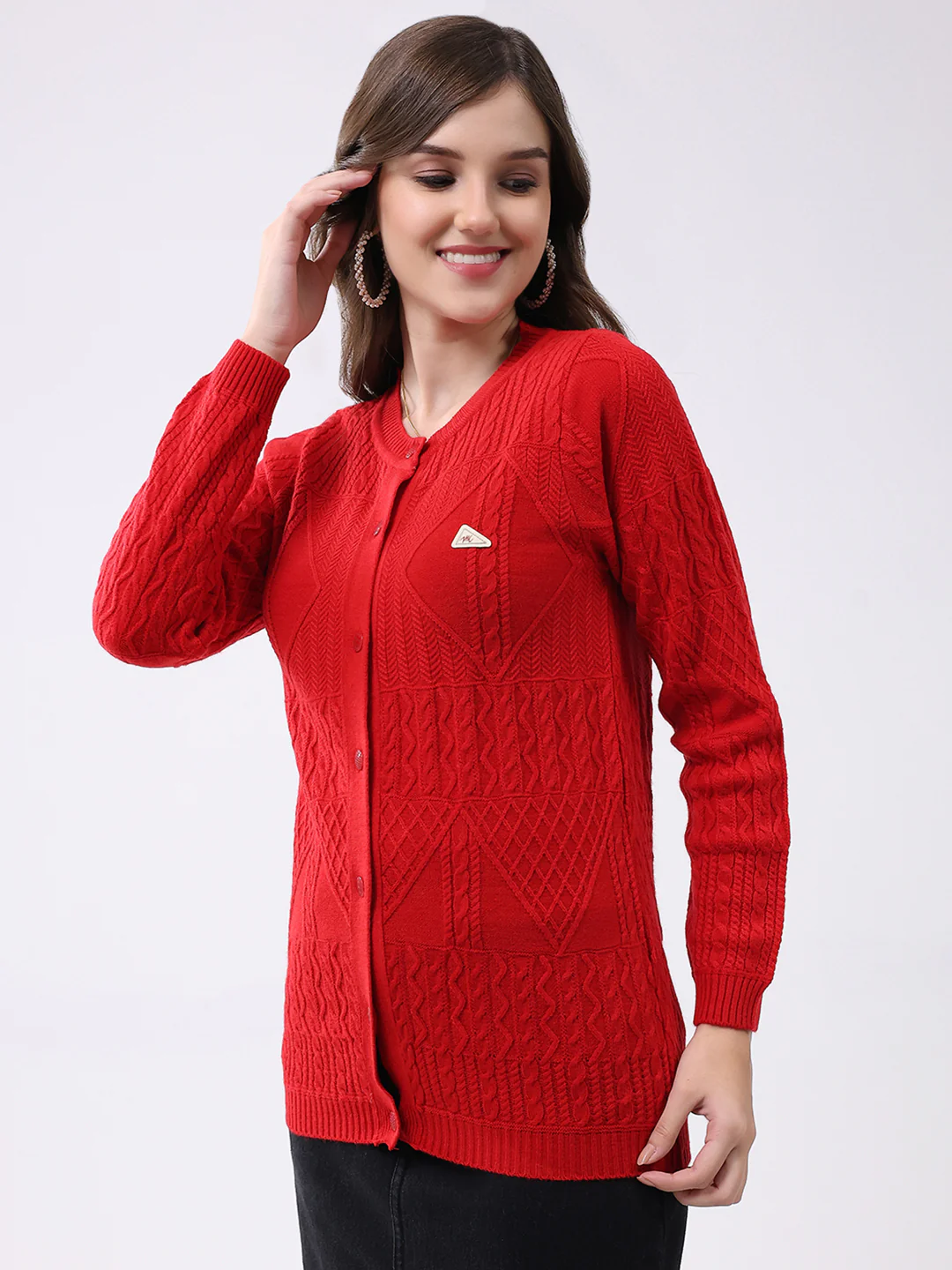 Women Red Self Design Round Neck Full Sleeve Cardigan - Image 3
