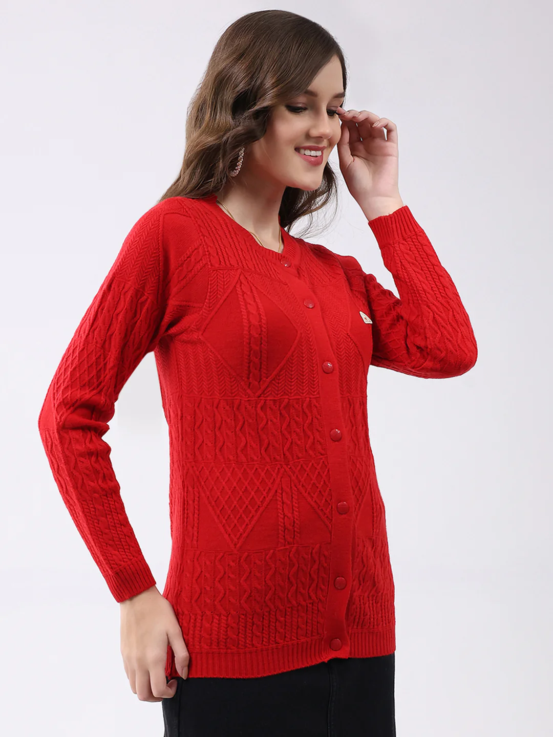 Women Red Self Design Round Neck Full Sleeve Cardigan - Image 4