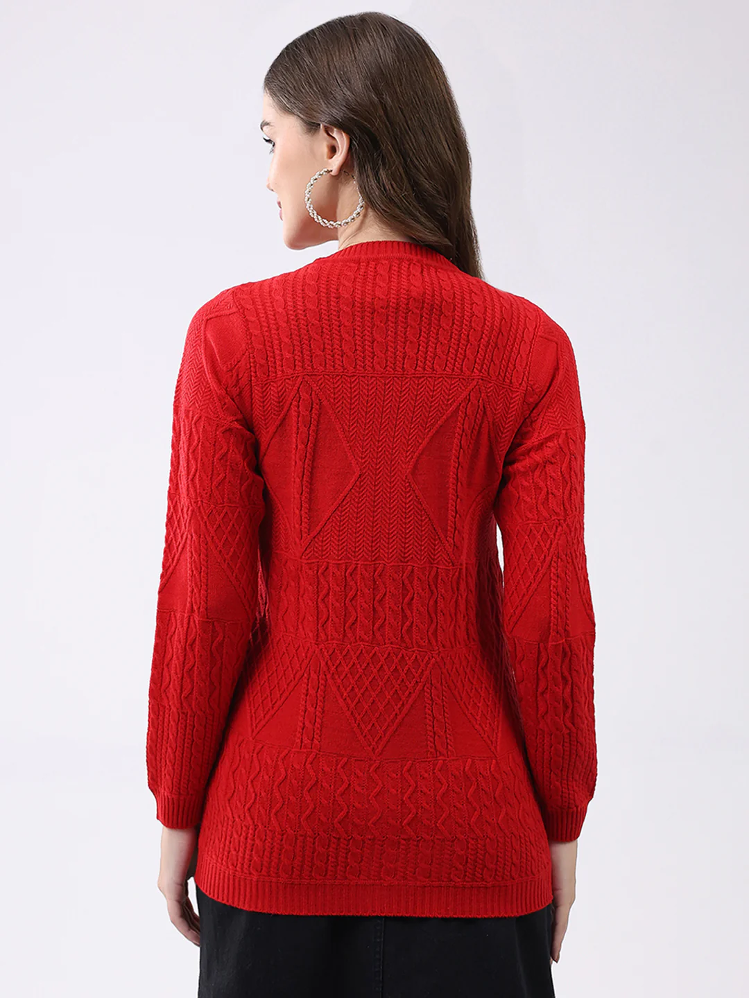Women Red Self Design Round Neck Full Sleeve Cardigan - Image 5