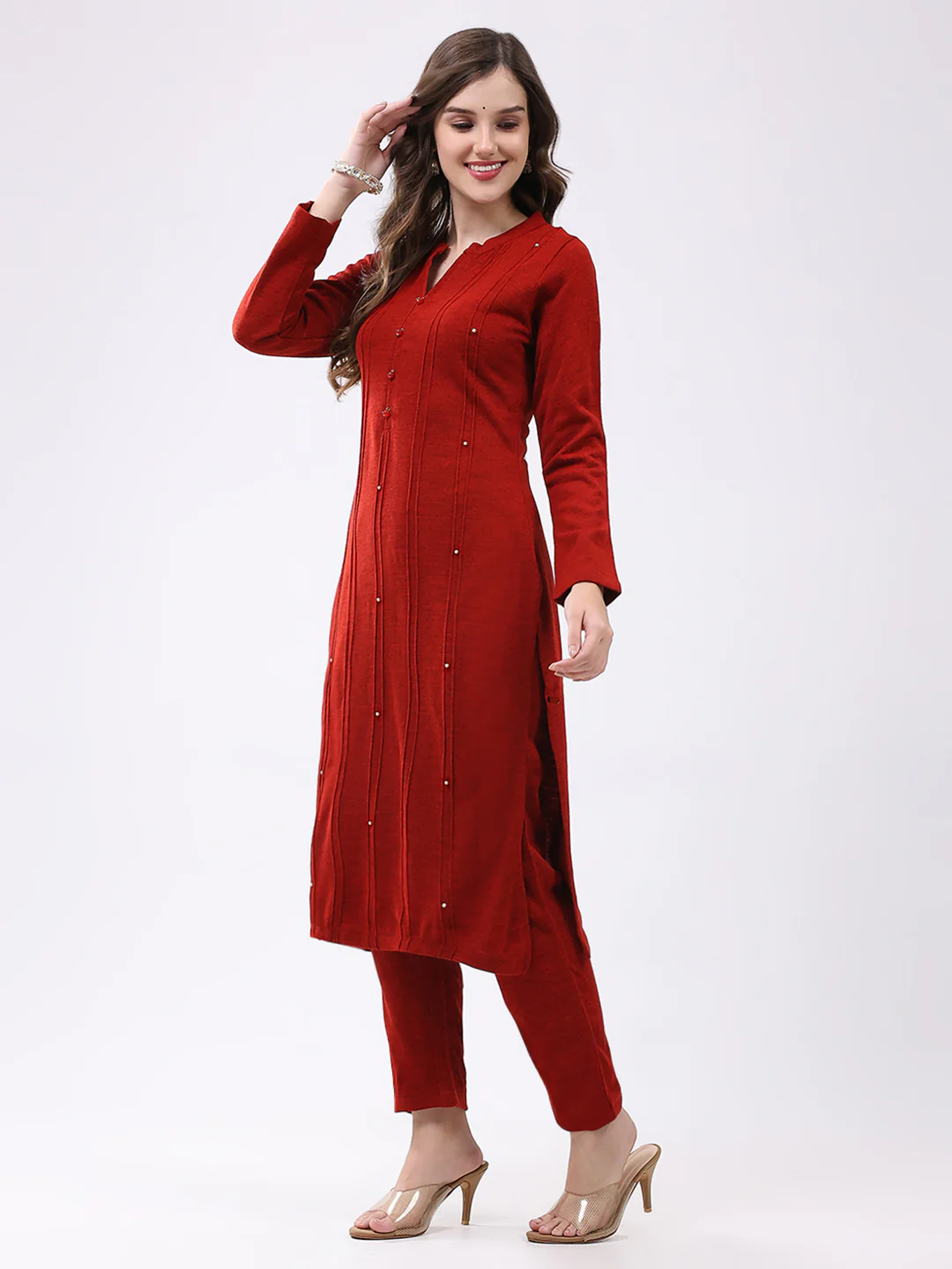 Women Red Self Design Round Neck Full Sleeve Kurti Set for Winter - Image 3