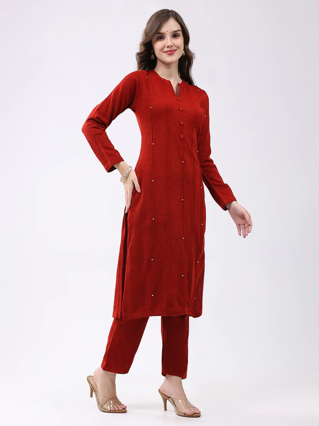 Women Red Self Design Round Neck Full Sleeve Kurti Set for Winter - Image 4