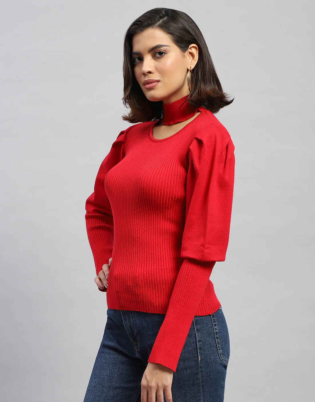 Women Red Self Design Round Neck Full Sleeve Sceavy - Image 3
