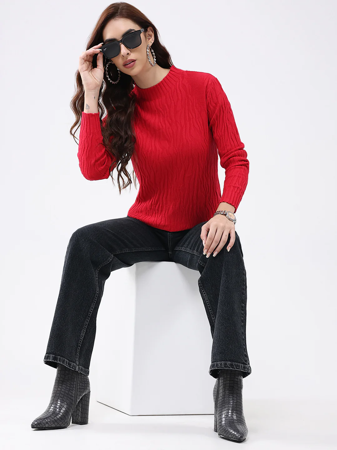 Women Red Self Design Round Neck Full Sleeve Winter Top - Image 2