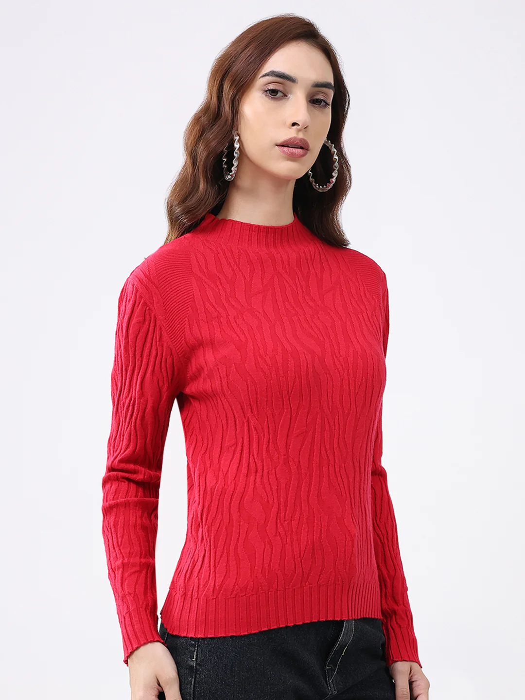 Women Red Self Design Round Neck Full Sleeve Winter Top - Image 4