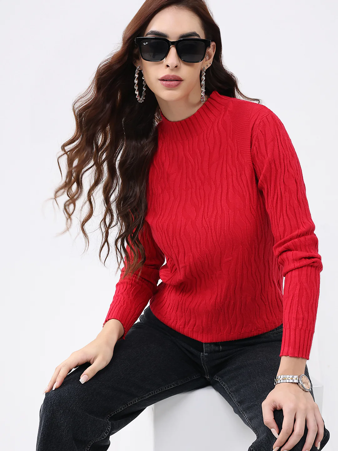 Women Red Self Design Round Neck Full Sleeve Winter Top - Image 6