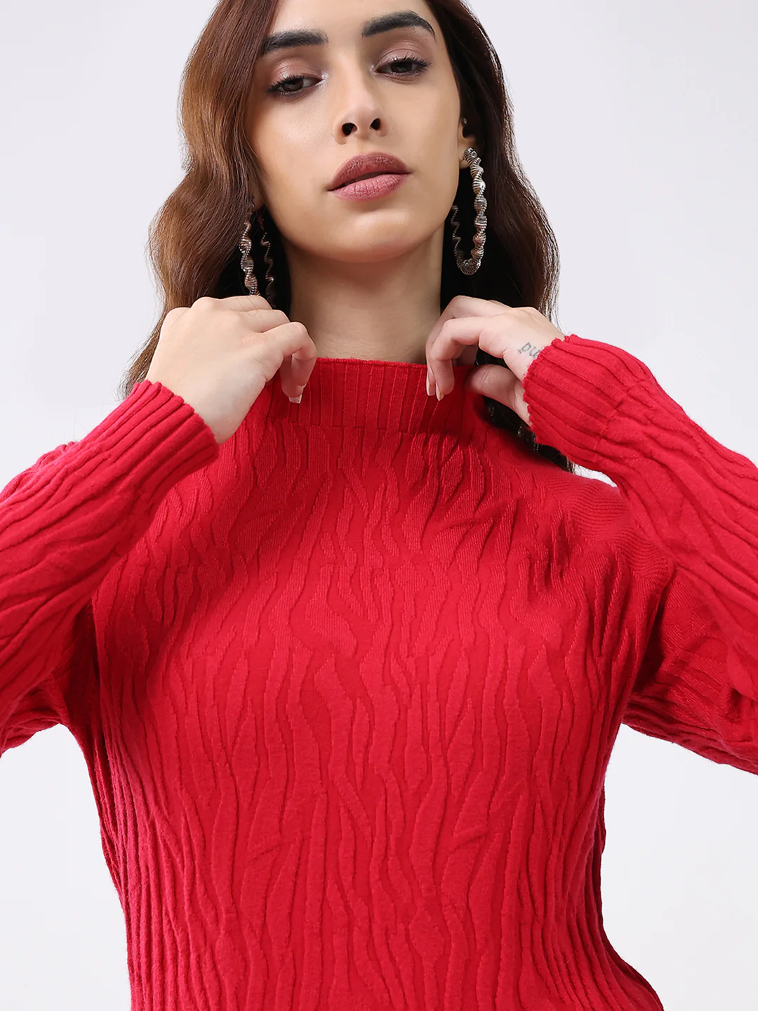 Women Red Self Design Round Neck Full Sleeve Winter Top - Image 7