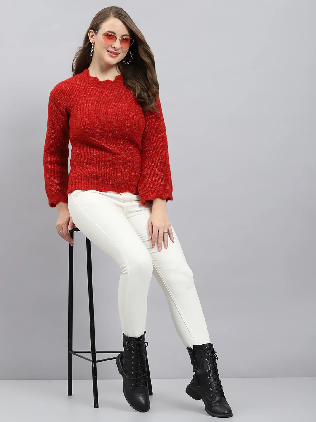 Women Red Self Design Round Neck Full Sleeve Winter Tops - Image 2