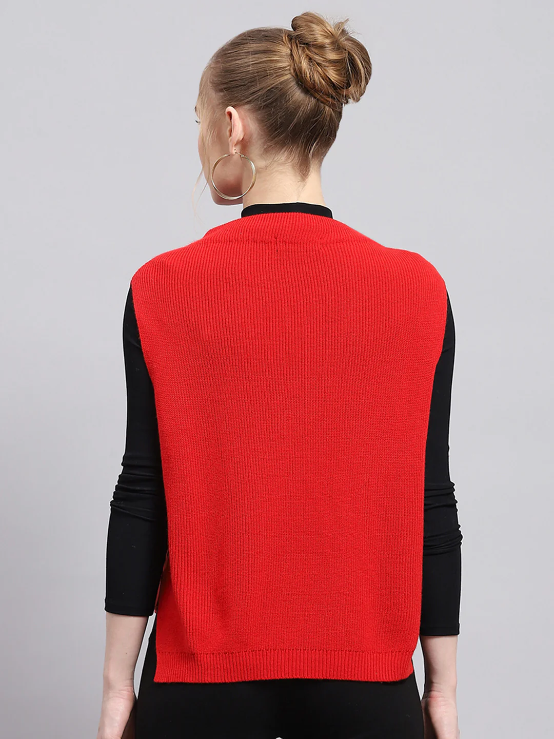 Women Red Self Design Round Neck Sleeveless Winter Tops - Image 5