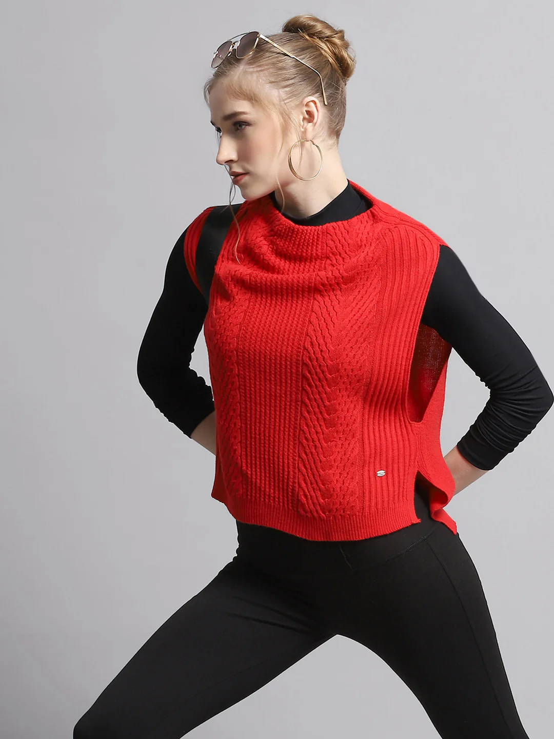 Women Red Self Design Round Neck Sleeveless Winter Tops - Image 6