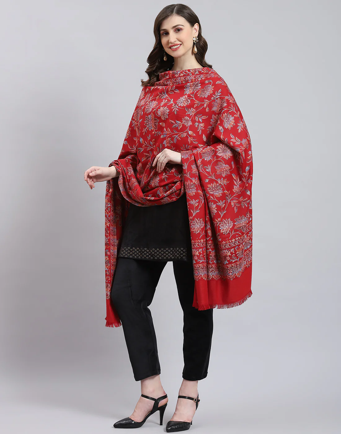 Women Red Self Design Shawl - Image 3