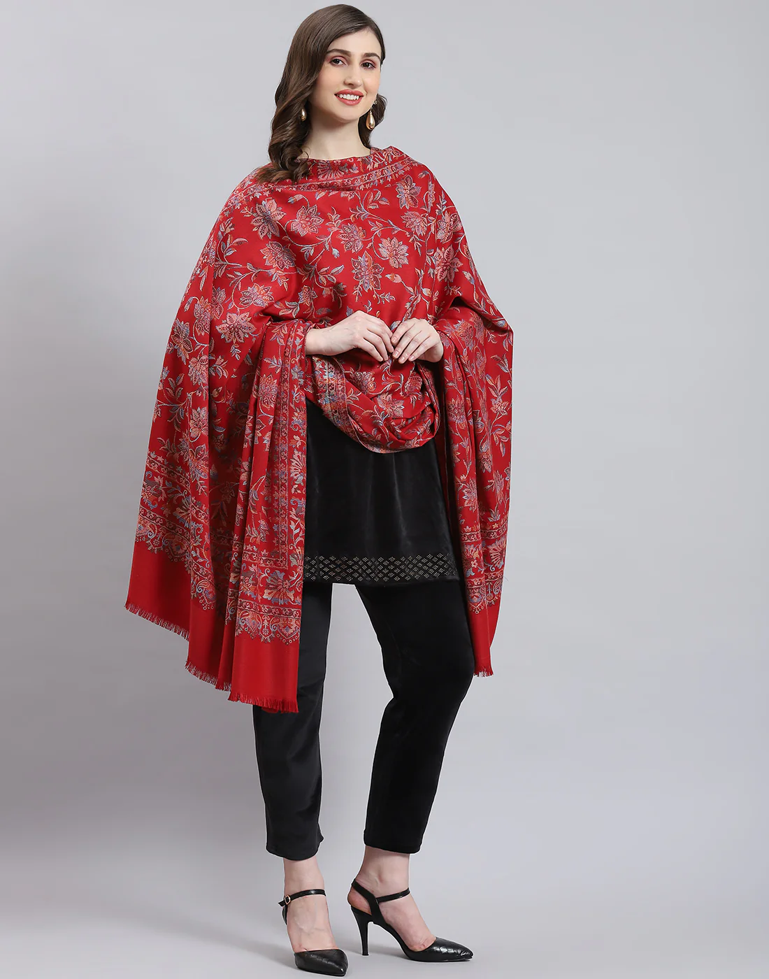 Women Red Self Design Shawl - Image 4