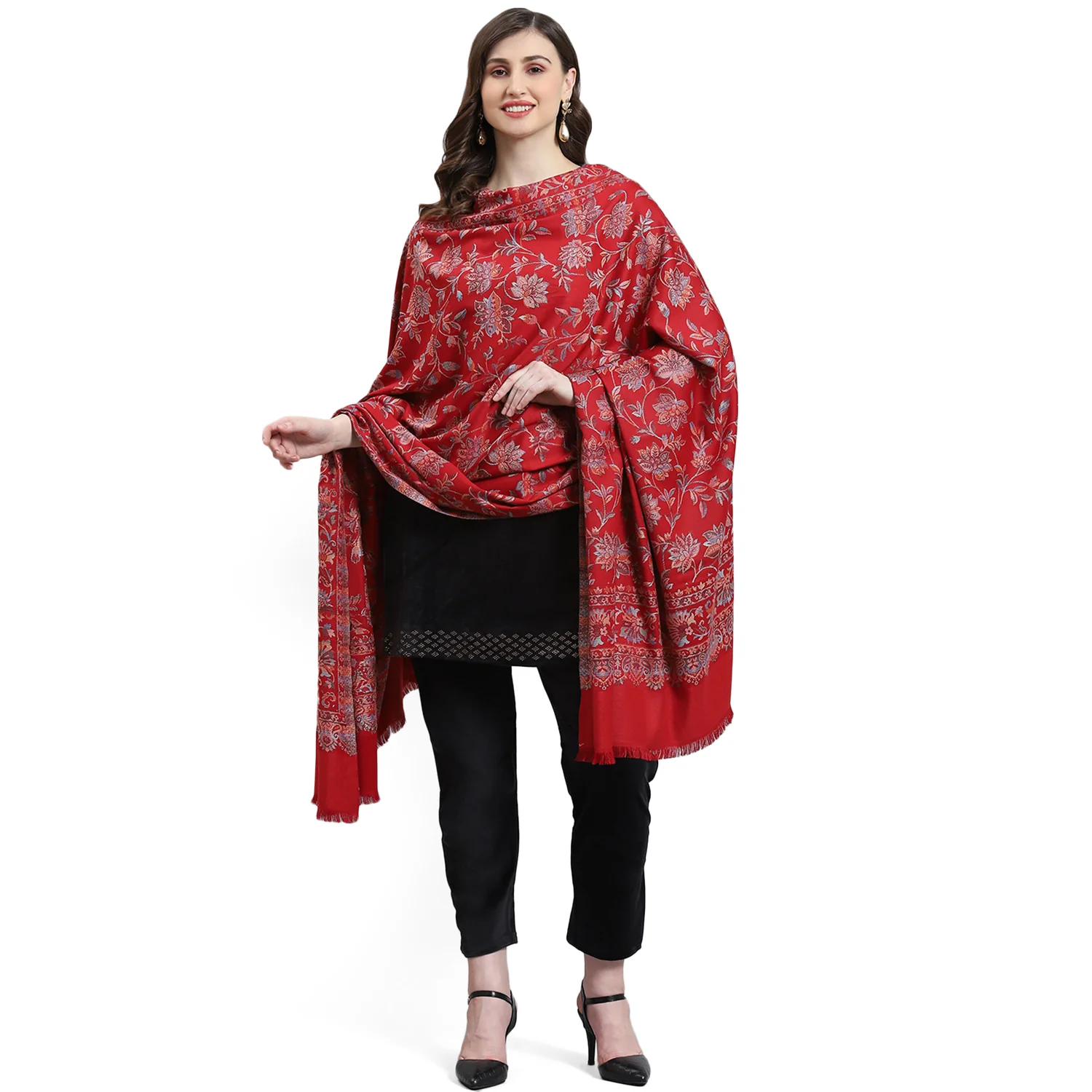 Women Red Self Design Shawl - Image 5