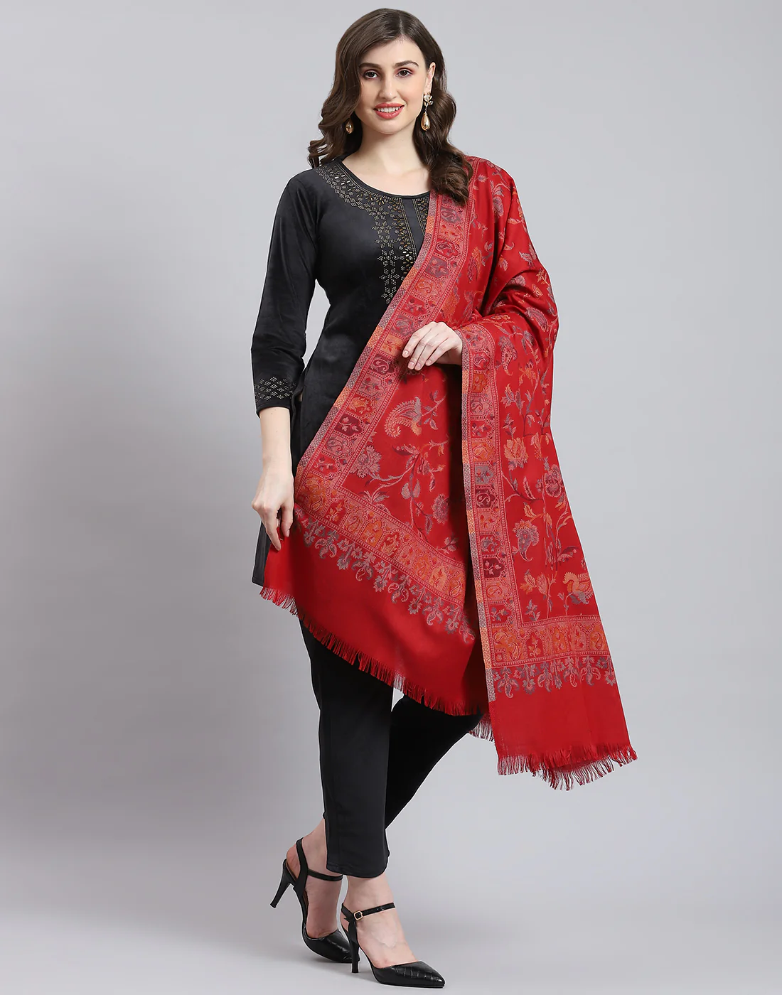 Women Red Self Design Shawl - Image 4
